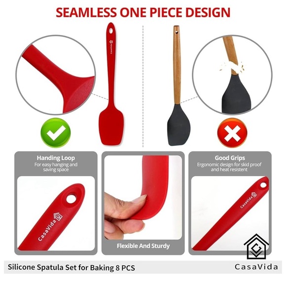 CasaVida Silicone Spatula Set 1piece Seamless Kitchen Bakeware Baking Mixing 8pc - Picture 3 of 12